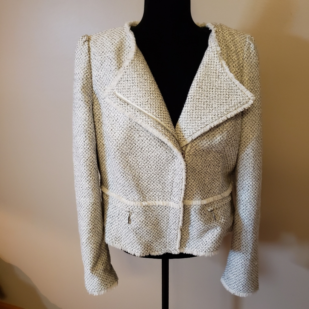 WHBM Tweed black white metallic blazer 14 Fringe